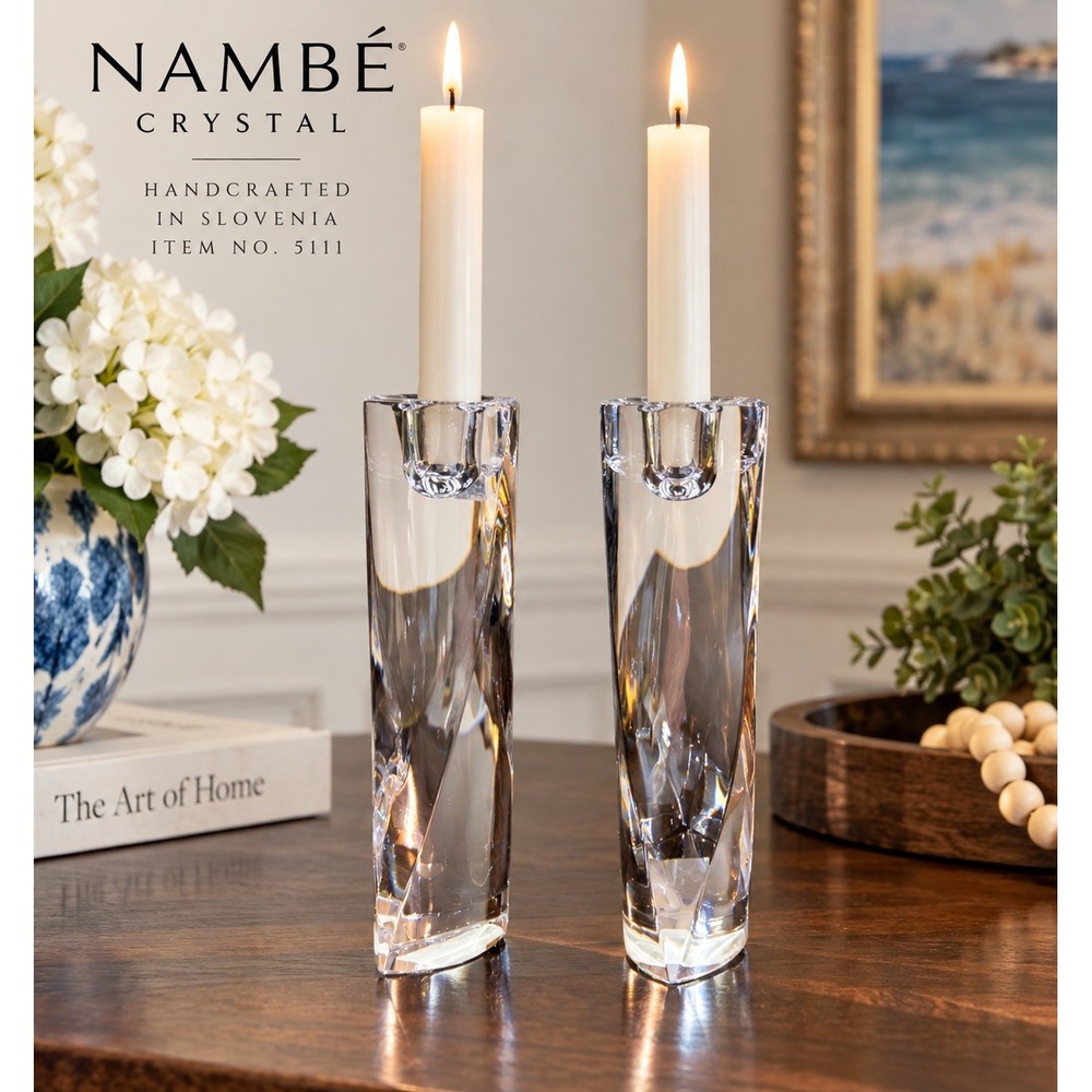 Nambe Crystal #5111 Taper Candle Holders Set of 2 Modern Sculptural Design